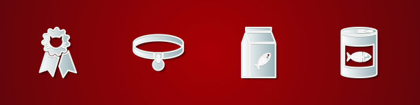 设置猫奖励标志，领，袋食物的猫和罐头图标。向量图片下载