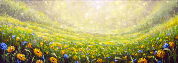 全景画夏季自然艺术背景与黄色的花朵雏菊和蓝色的野花在草地上对黎明早晨。超宽全景景观，横幅格式图片下载