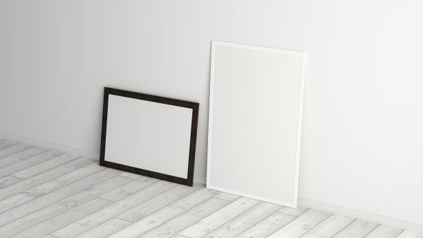 在白色墙壁的地板上模拟水平和垂直的黑白框架。图片下载