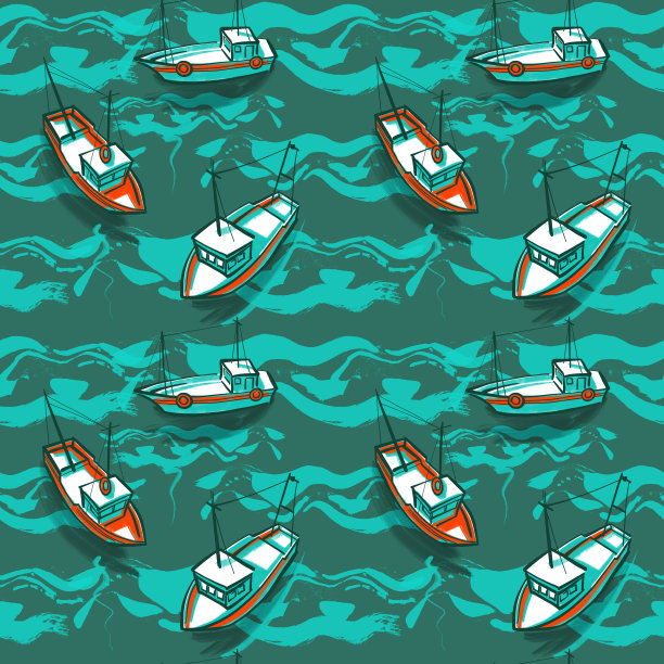 渔船，无缝夏季海图案，背景插图，碧绿背景上的海浪图片下载