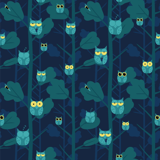 海军蓝瞌睡猫头鹰背景图案印花图片下载