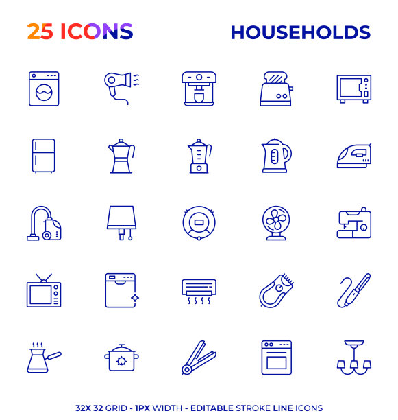 家庭可编辑的笔画线图标系列图片下载