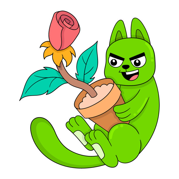 微笑的绿猫拿着一罐玫瑰，涂鸦图标形象可爱图片下载