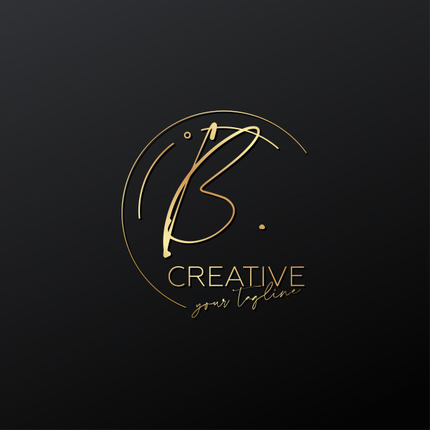 B字母书法最小字母会徽风格向量标志。金色和黑色背景。图片下载