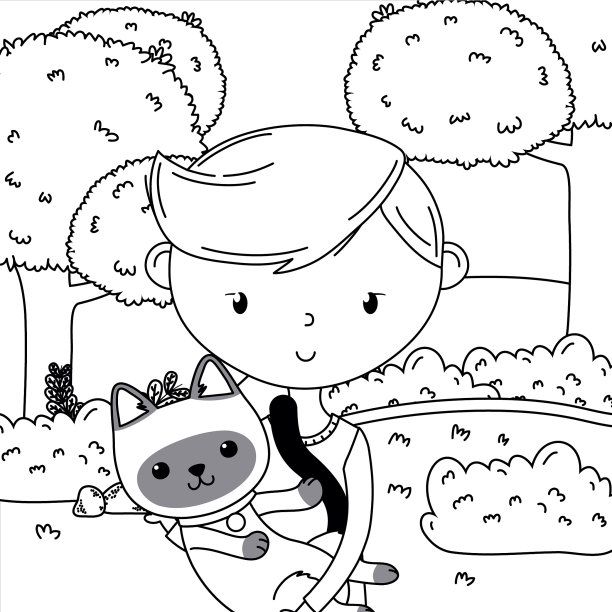 男孩与猫卡通设计图片下载