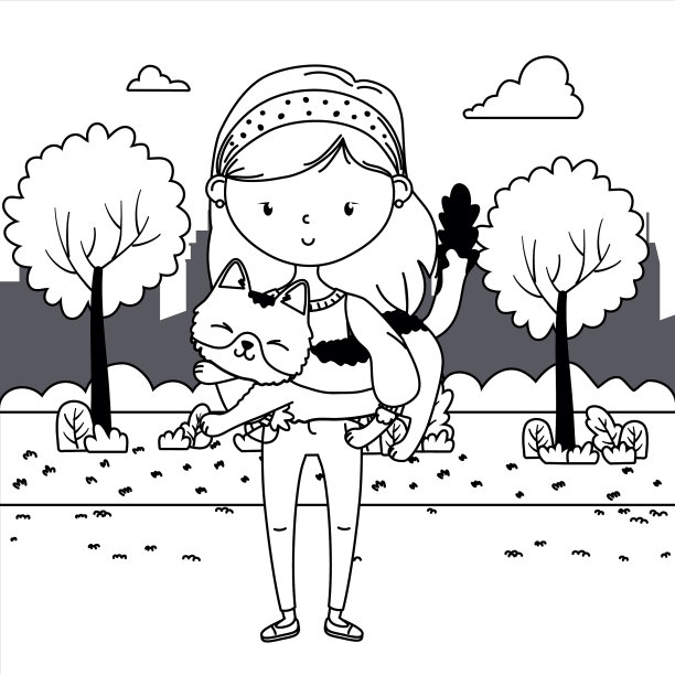 女孩与猫卡通设计图片下载