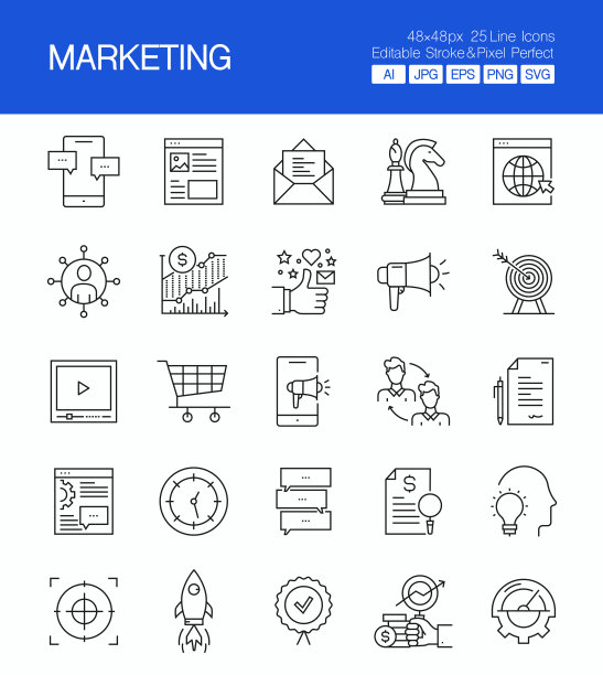 营销细线矢量图标集。设计是可编辑的，颜色可以改变。创意图标的矢量集:推广，增长，分析，社交销售，内容，Seo，广告图片下载