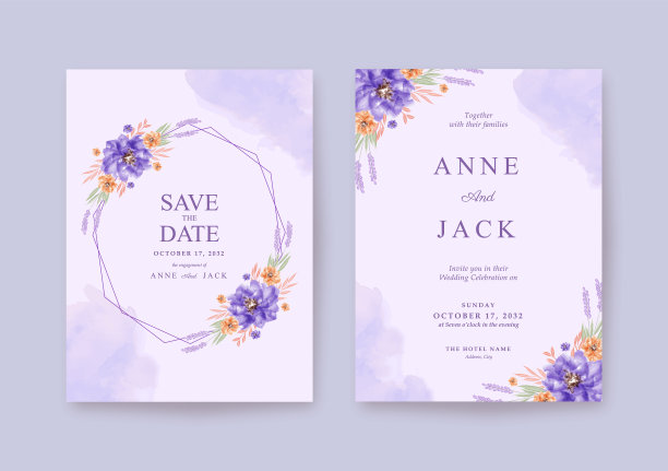 浪漫的婚礼卡与美丽的紫色图片下载