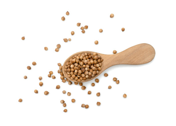 干香菜种子在木勺孤立在白色背景图片下载