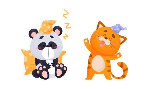 可爱的动物角色穿着睡帽睡觉图片下载