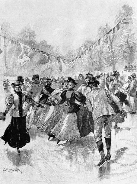 快乐的溜冰场节，优雅的年轻男女滑冰，旗帜和花环在广场上伸展图片下载