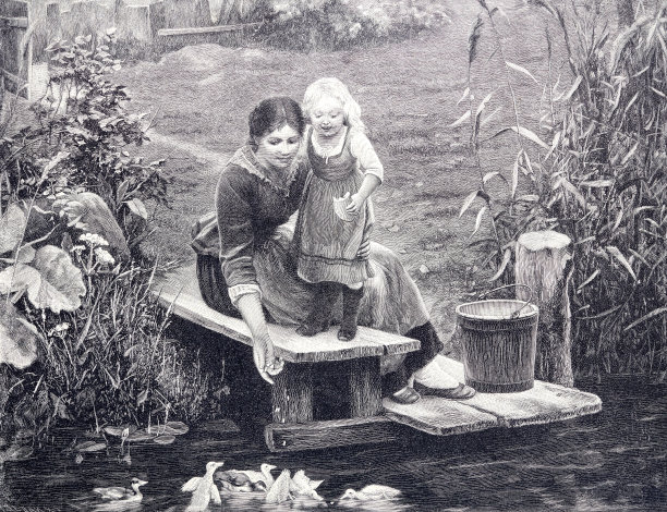 母女俩在小溪边喂小鸭子图片下载