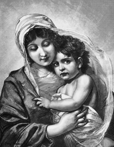 麦当娜抱着孩子，前视图片下载