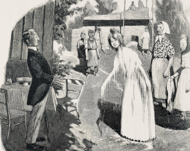 一名男子向一位先前掉进面粉桶里的女子打招呼图片下载