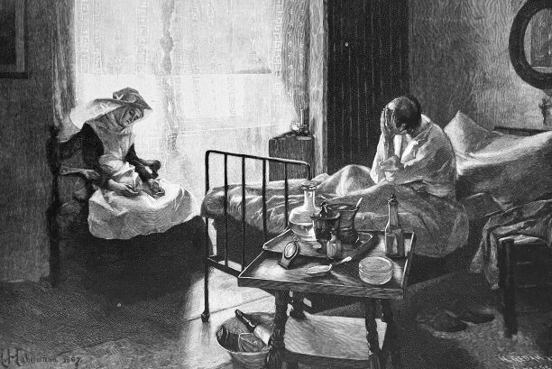 黎明在医务室，男人抱着头，坐在床上，护士坐在窗边图片下载