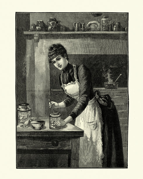 19世纪，维多利亚时代的年轻女子在厨房里做饭图片下载