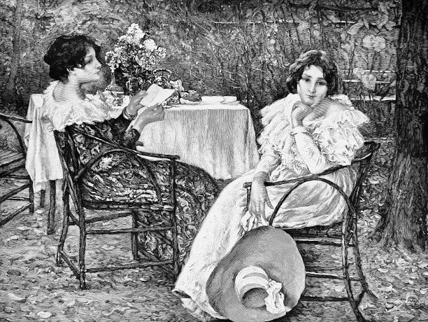 两个熟悉的女性朋友在花园里聊天图片下载