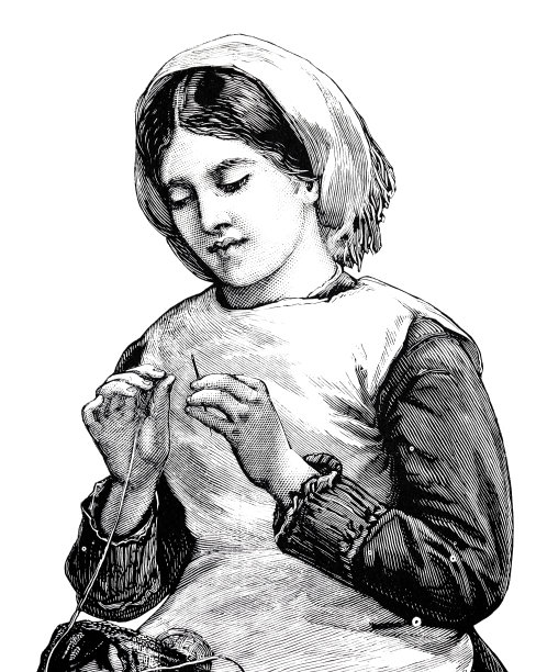 年轻女子戴头巾穿线针，白色背景图片下载