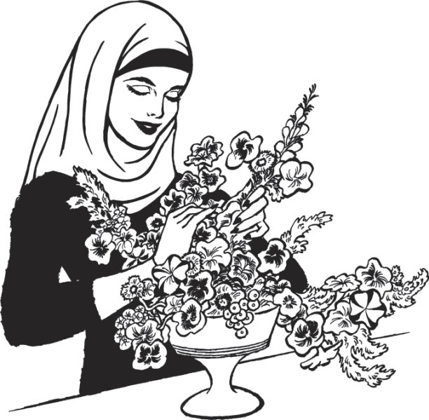 插图的妇女与头巾和鲜花在花瓶图片下载