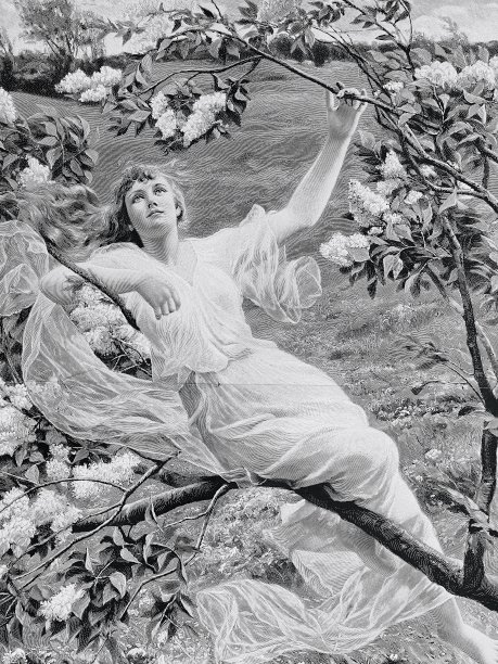 年轻女子穿着飘逸的白色连衣裙，坐在花枝上图片下载