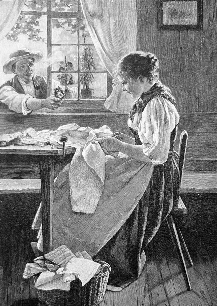 一名男子向坐在室内做针线活的年轻女士献上一束花图片下载