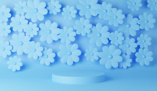 一个可爱的背景图像与底座(淡蓝色)的背景上的多个花卉图案。3 d渲染。图片下载