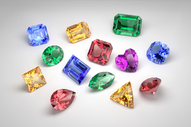 白色背景上不同切工的宝石散落展览图片下载