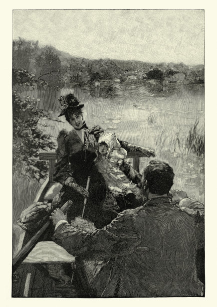 19世纪，年轻的家庭在德国的Ammersee上划船图片下载