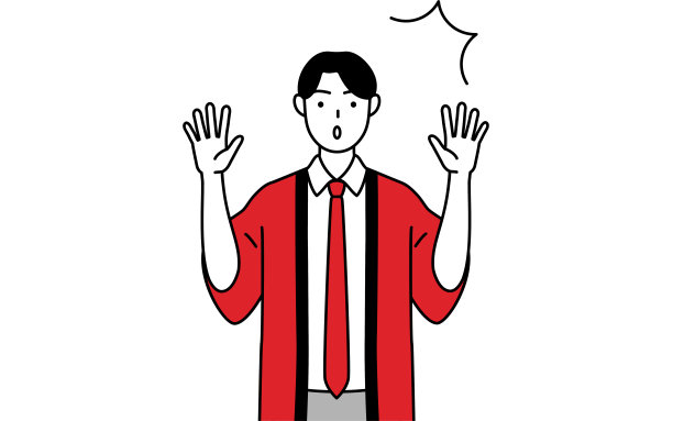 一名身穿红色幸福大衣的男子惊讶地举起手。图片下载