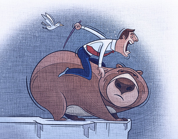 商人骑着熊在悬崖上图片下载