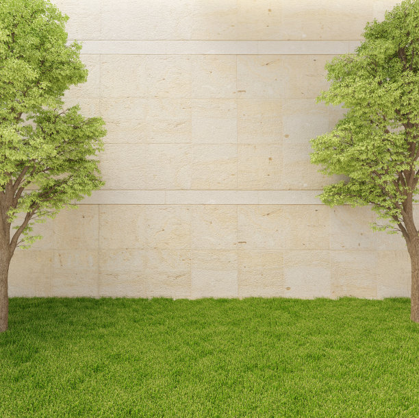 室外花园米色大理石墙与大树和绿色草坪3D渲染图片下载