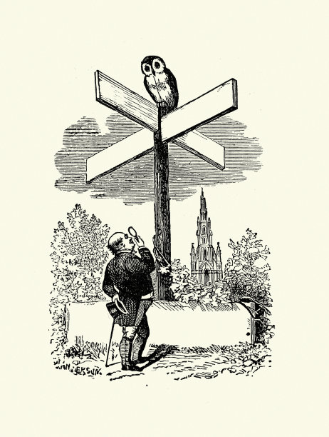 复古插画男子抬头看着猫头鹰坐在空白的方向标志，维多利亚，19世纪图片下载