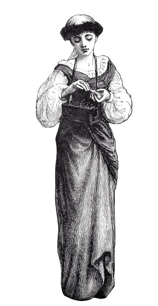 一个年轻的女人拿着一个悬挂的托盘在卖小瓶子里的液体药品或美容产品，全长，白色背景图片下载