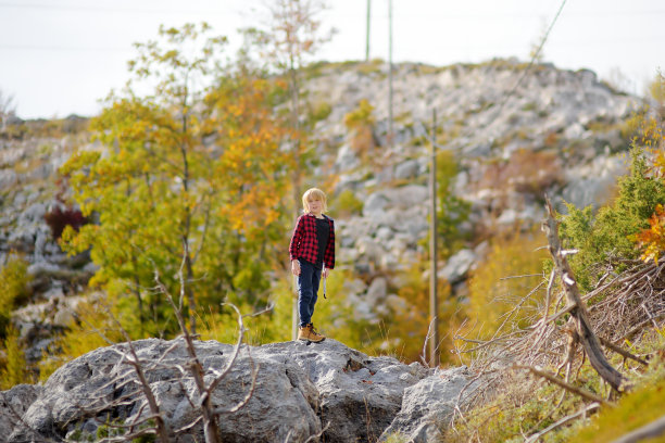 在阳光明媚的日子里，穿着红色衬衫的十几岁的男孩在山谷里徒步旅行，探索大自然，玩得很开心。为精力充沛的孩子提供积极的休闲活动。适合孩子们的夏季户外娱乐图片下载