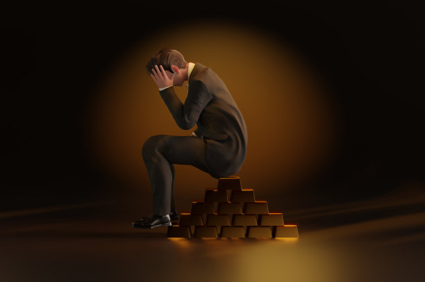 3D插图，忧虑的投资者坐在金条上。图片下载