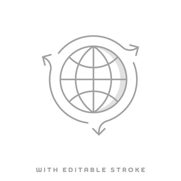 全球市场概念线图标与阴影。矢量插图是轮廓风格，像素完美，适合网页和打印与编辑笔画。图片下载