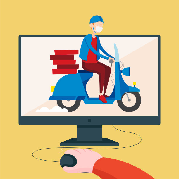 戴着防护面具的送货员骑着摩托车送披萨图片下载