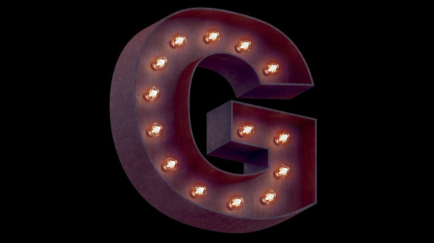灯泡发光字母字母字符G字体。透视视图照亮大写符号在黑色背景。3d渲染图。图片下载