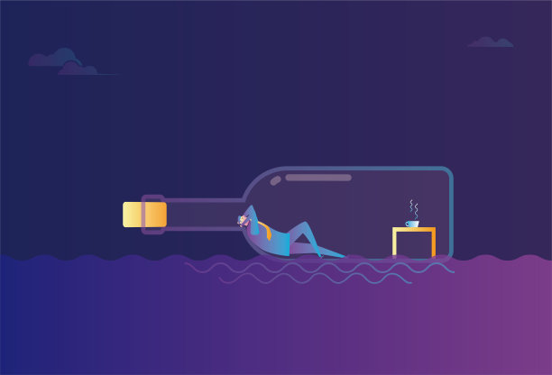 一个商人躺在漂流瓶里，漂浮在大海上图片下载