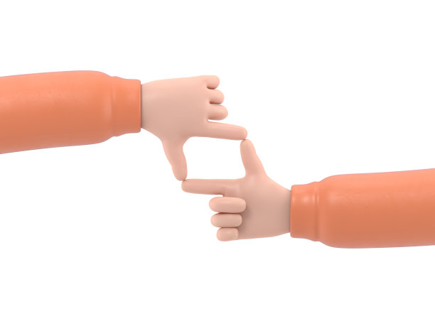 卡通手势图标模型。手架。两只手做手势边框。用于图像、对象、文本的空间。展示照片。白色背景的3D渲染。图片下载