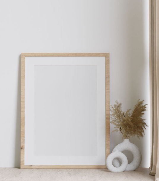 一个空白的框架与花瓶对白色墙壁的三维插图图片下载