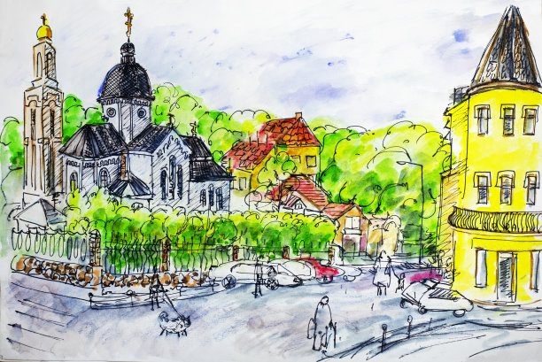 乌克兰西部小城特鲁斯卡韦茨的一座古老教堂。水彩城市插画。草图。乌克兰战争图片下载