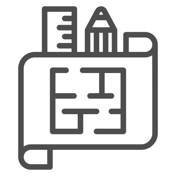 房子平面图在纸上用尺子和铅笔线图标，室内设计概念，建筑房子平面图在白色背景上签字，房子方案图标在轮廓风格。矢量图形。图片下载