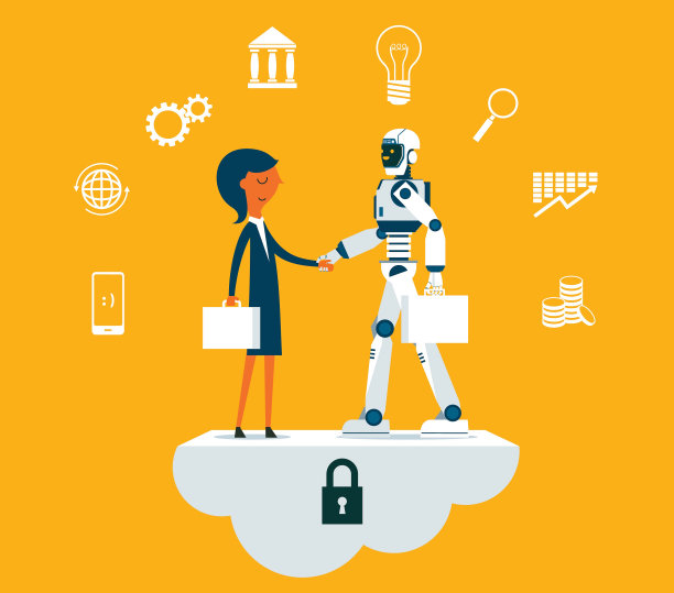 女商人和机器人握手图片下载