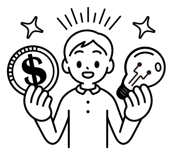 一个男孩展示了一个大创意灯泡和钱，看着观众，极简风格，黑白轮廓图片下载