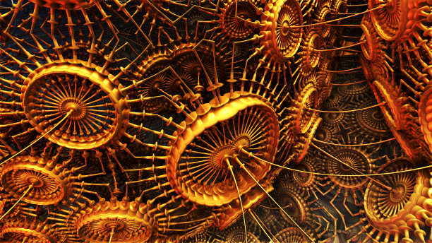 金质建筑结构，抽象金属造型的古文明建筑机械图片下载