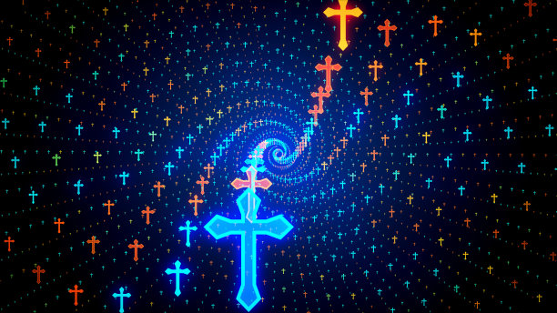 抽象精神蓝橙黄光泽几何螺旋十字架耶稣基督教符号粒子内衬图案图片下载