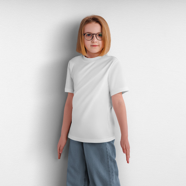 白色t恤的模型，特写，衬衫在一个漂亮的女孩，时尚儿童服装的设计，印刷，前面。图片下载