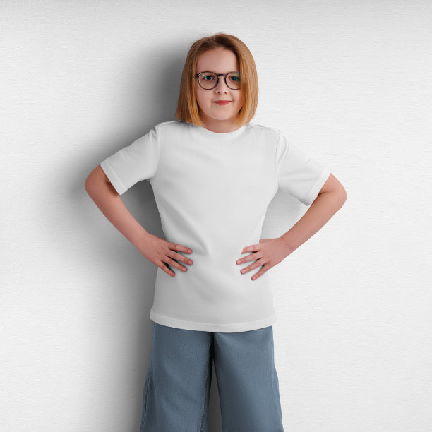 白色儿童衬衫的模型，特写，摆姿势的女孩身上的t恤，在工作室的背景上孤立的衣服。图片下载