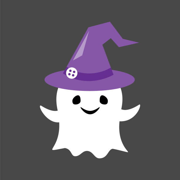 可爱的白色幽灵戴着女巫帽。万圣节卡通人物。扁平化设计。向量。图片下载
